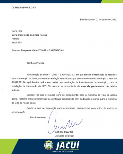 Agradecimentos ao Deputado Estadual Cássio Soares